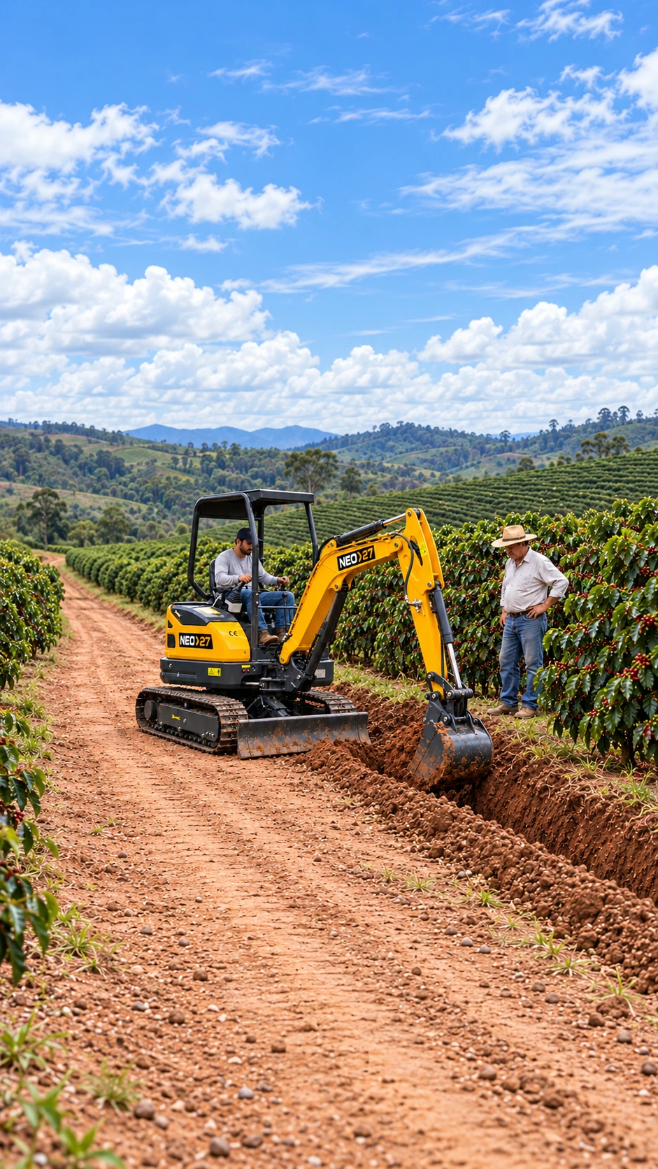 Mini escavadeira NEO 27 amarela em uma área de plantação no campo.