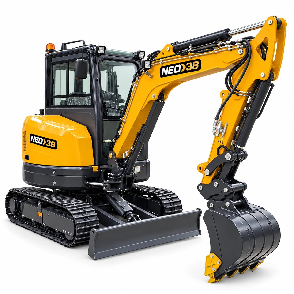 NEO 38 amarela, com cabine fechada envidraçada e esteiras metálicas.