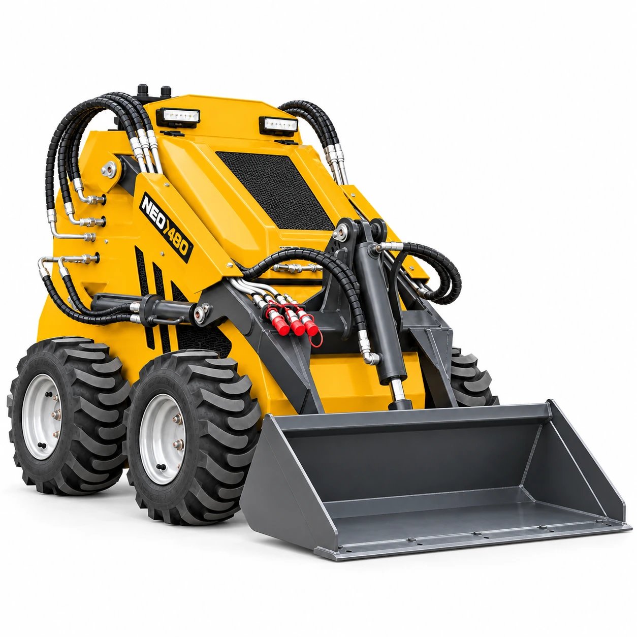 NEO 480 amarela, com quatro pneus, concha larga e plataforma de operação em pé.